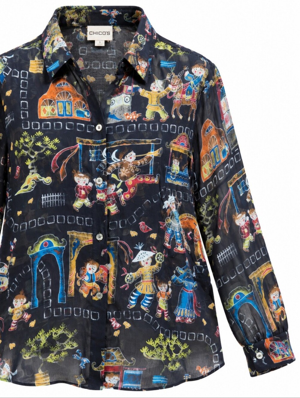 Chico's Black Multicolor Novelty Print Button-Down Shirt